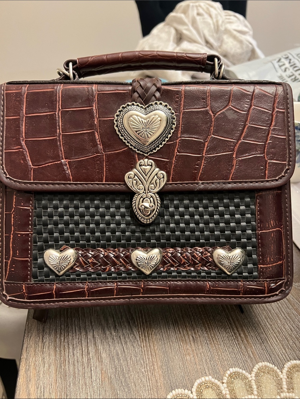 Brighton Brown Croc-Embossed Satchel with Silver Heart Accents